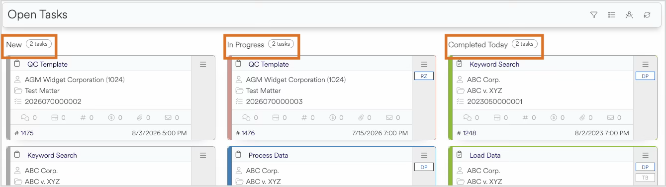 Task management overview showing new, in progress, and completed tasks sections.